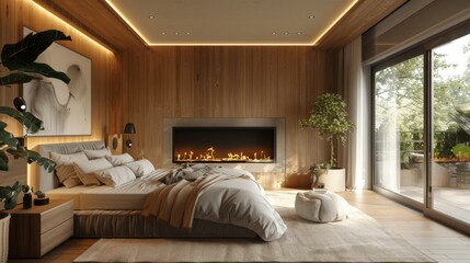 Realistic 3D image of a spacious Scandinavian bedroom with a chic, wall-embedded fireplace, surrounded by clean, light-colored furnishings and natural light.