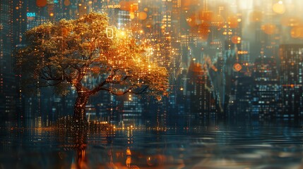 A golden tree stands in a field of glowing flowers. The tree is surrounded by a river of light, and the sky is filled with falling stars. The scene is one of peace and tranquility.