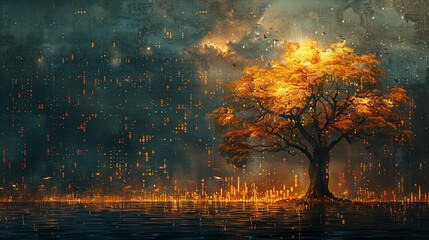 A golden tree stands in a field of glowing flowers. The tree is surrounded by a river of light, and the sky is filled with falling stars. The scene is one of peace and tranquility.