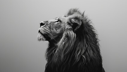 Explore the minimalist allure of a solitary lion, its mane catching the light against the simplicity of the white background, exuding strength and regality.
