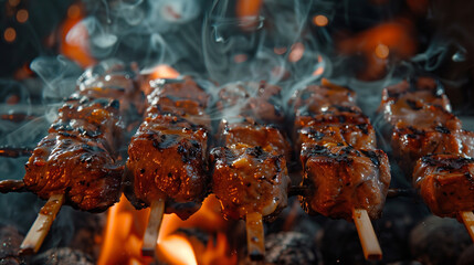 Appetizing meat satay, grilled over coals with smoke, Ai generated images