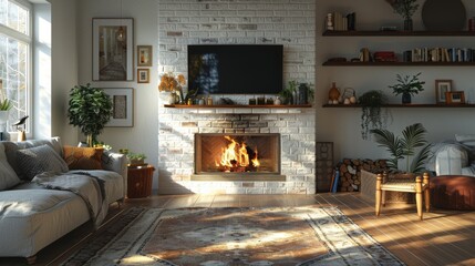 Realistic 3D image of a Scandinavian living room featuring a white brick fireplace, accented by soft, ambient light and minimalist decor.