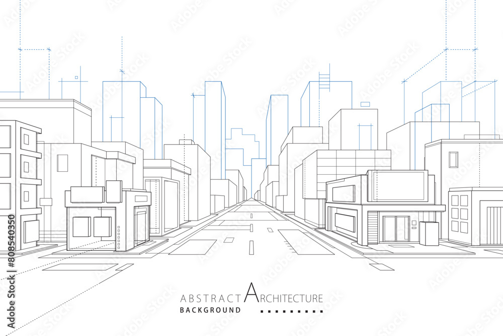 Poster 3D illustration abstract modern urban building out-line drawing of imagination architecture construction perspective design. 