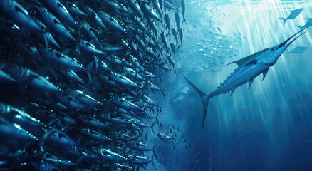 A blue marlin chasing sardines in the ocean, underwater photography