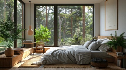 Realistic 3D image of a Scandinavian bedroom with a black window framing a peaceful forest view, featuring light wood furniture and soft textiles.