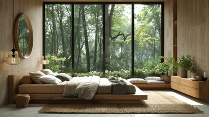 Realistic 3D image of a Scandinavian bedroom with a black window framing a peaceful forest view, featuring light wood furniture and soft textiles.