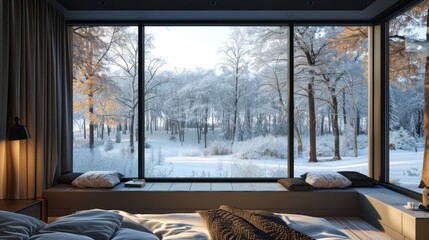 Realistic 3D image of a Scandinavian bedroom designed for comfort, featuring a black window with a...