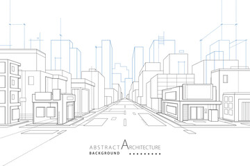 3D illustration abstract modern urban building out-line drawing of imagination architecture construction perspective design. 
