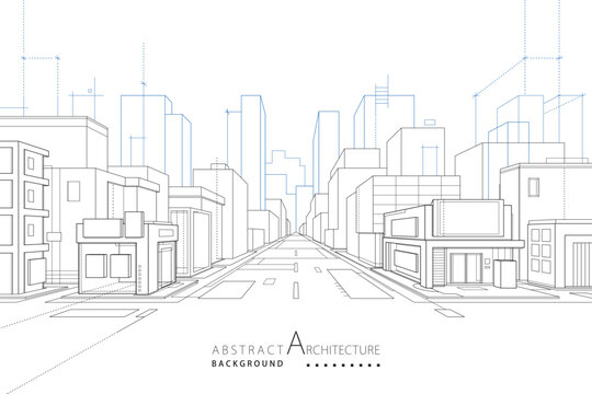 3D illustration abstract modern urban building out-line drawing of imagination architecture construction perspective design. 