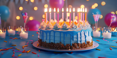 Happy birthday cake with candles balloons and confetti background.