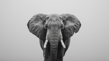 Frame a minimalist composition of a majestic elephant, its massive form highlighted against a pure white background, commanding attention with its presence.