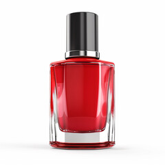 a close up of a bottle of red nail polish on a white surface