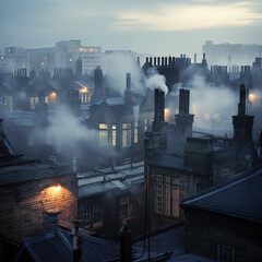 smoke billowing from chimneys in a city at night