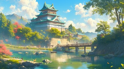 Obraz premium 池がある日本の城5