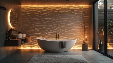 Realistic 3D image of a modern bathroom with a textured feature wall, freestanding sculptural tub,...