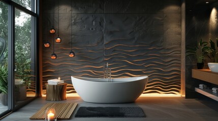 Realistic 3D image of a modern bathroom with a textured feature wall, freestanding sculptural tub, and floor lighting for a dramatic nighttime effect.