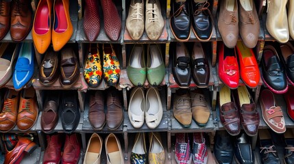 Assortment of shoes on the showcase of a shoe store. Diverse Array of Shoes on Display. 
Footwear Showcase Mix of Fashionable Styles
