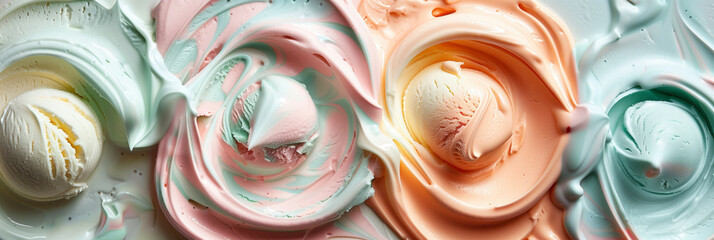 A colorful swirl of ice cream with pink, blue, and yellow swirls. The colors are bright and...