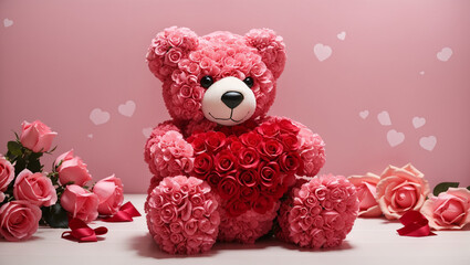 A pink teddy bear made of roses is sitting on a white table