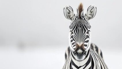 Highlight the minimalist allure of a solitary zebra, its monochromatic stripes contrasting sharply with the pristine white background, creating a striking visual impact.