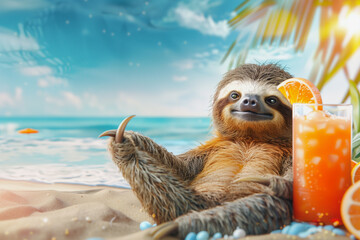 Fototapeta premium A sloth is sitting on the beach with a glass of orange juice. The scene is relaxed and carefree, with the sloth enjoying a moment of leisure