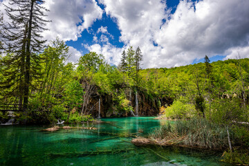 Waterfall in the Plitvice Lakes National Park. One of the most popular travel destination in Croatia.