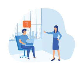 Job interview. Of a man talking to a young woman with laptop. flat vector modern illustration