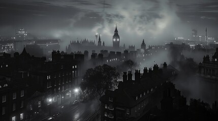 Foggy Edwardian London night sky in greyscale