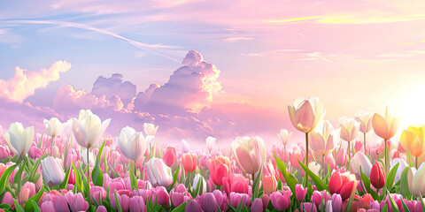 Illustration of summer pink tulips field. Natural landscape banner