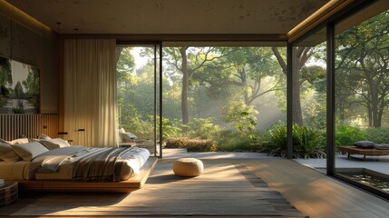 Realistic 3D image of a ground-floor bedroom with glass doors opening to a tranquil forest, designed with minimal furniture to enhance the outdoor connection.