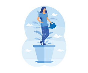 Personal growth concept. Tiny woman in flowerpot watering herself. Metaphor growth personality as plant. Self improvement and self development. flat vector modern illustration
