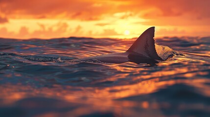 Fototapeta premium Outdoor photo of detail of a large great white shark fin, heading away, poking out of the water surface, patrolling a large ocean, with a sunset