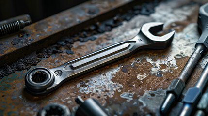 Spanners on the table in the workshop. Shallow depth of field. Abstract industrial background