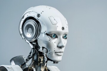Closeup of a robot with a white head and striking blue eyes on a gray background