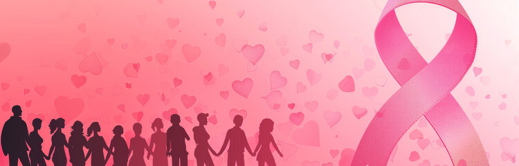 Breast cancer awareness campaign banner background with pink ribbon  logo and people silhouette.