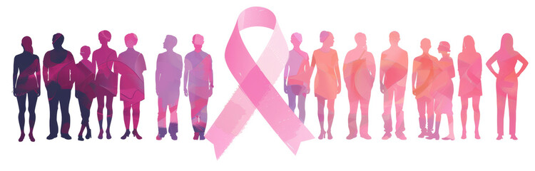 Breast cancer awareness campaign banner background with pink ribbon  logo and people silhouette, cut out, isolated on transparent background. 