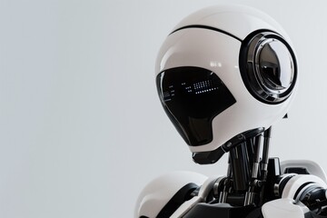 Close-up of a white and black robot standing on a plain white background