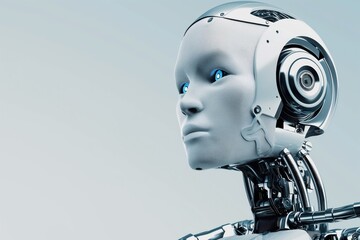 Close-up of a robot with blue eyes intensely looking at something, set against a gray background