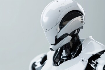 Closeup view of a white robot wearing a black helmet on a gray background