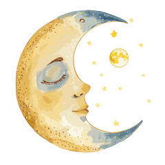 Crescent moon face stars sky serene illustration. Golden crescent moon sleeping face closed eye, stars, small full moon. Artistic human features, peaceful celestial body