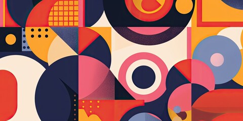 A vibrant, flat design featuring bold geometric shapes and patterns in shades of Coral, Navy, Violet, Lime, Terracotta suitable for use as an album cover or poster background