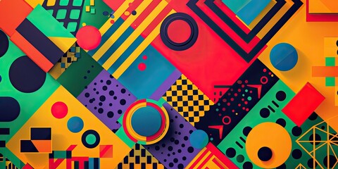 A vibrant, flat design featuring bold geometric shapes and patterns in shades of Crimson, Orange, Yellow, Green, Blue, Purple suitable for use as an album cover or poster background