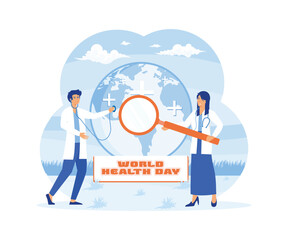 A couple of Doctors are checking the health of the globe earth with a stethoscope on world health day. flat vector modern illustration