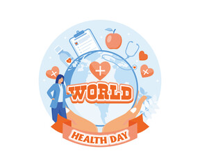 World Health Day on April 7th with Earth and Medical Equipment for the Importance of Healthy and Lifestyle. flat vector modern illustration