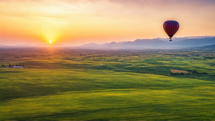 Joyful woman riding a hot air balloon over a scenic landscape colorful balloons floating gentle
