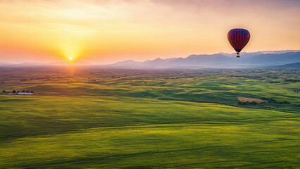 Obraz premium Joyful woman riding a hot air balloon over a scenic landscape colorful balloons floating gentle