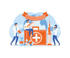 World Health Day concept with Group of doctors bring health medicine and pills. flat vector modern illustration