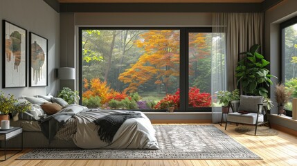 High-resolution 3D rendering of a Scandinavian bedroom with a clean, minimalist layout, the black...