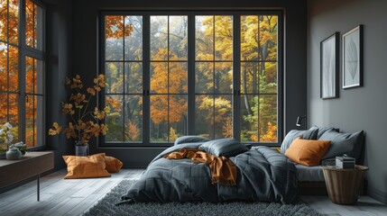 High-resolution 3D rendering of a Scandinavian bedroom with a clean, minimalist layout, the black window opening to a colorful spring forest scene.