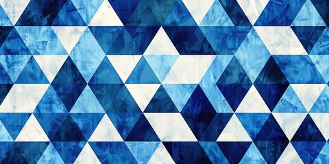Blue and white patterned triangles in the style of Swiss graphic design, simple shapes, symmetrical grid, bold use of geometric forms.